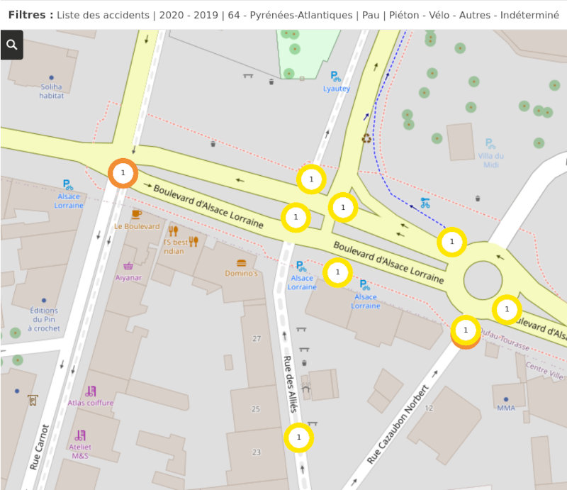 carte des accidents impliquants piétons ou cyclistes recensés 2019-2020 au carrefour Alsace Lorraine